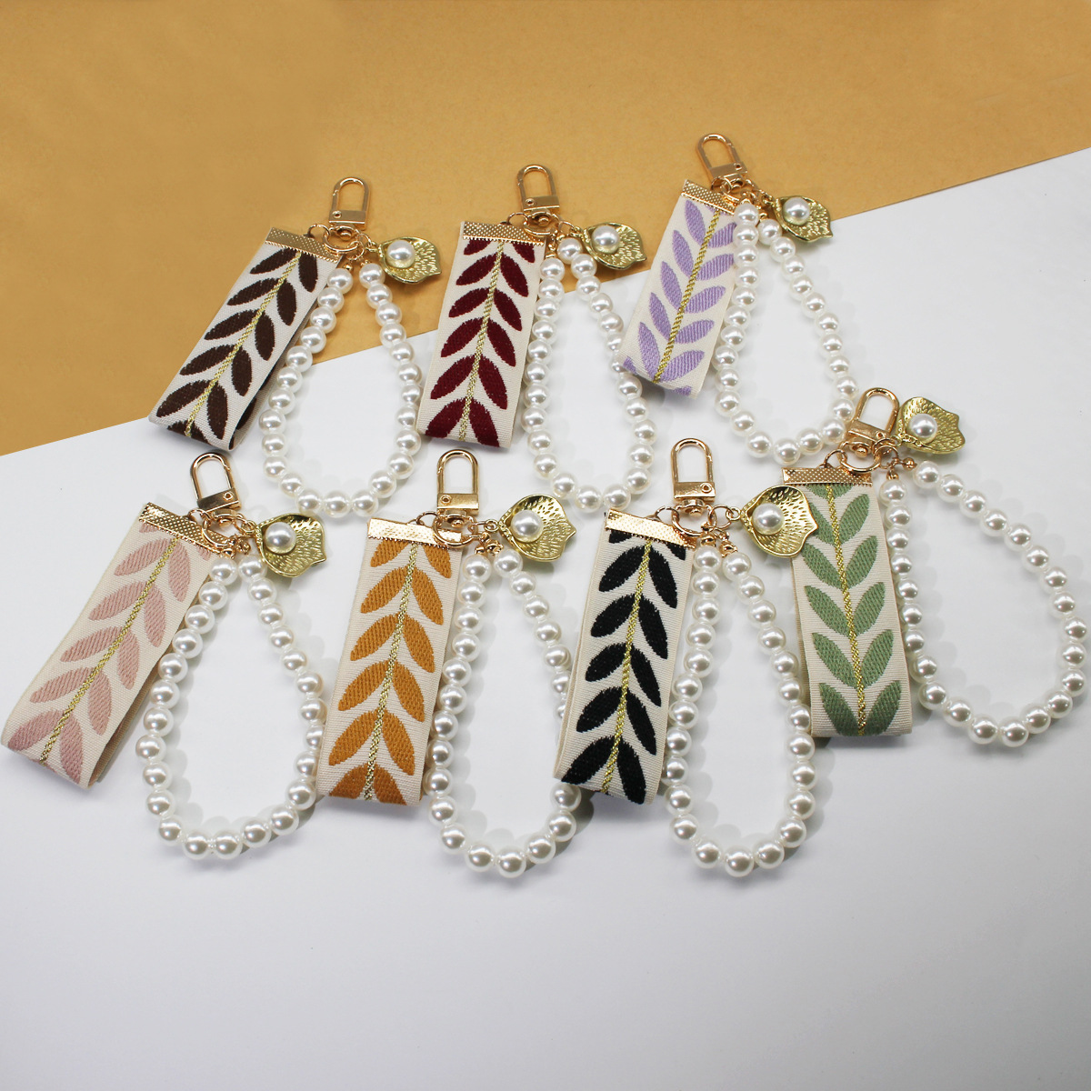 Women Bags Ysl - Fresh Fabric Leaf-Patterned Ribbon Keychain with