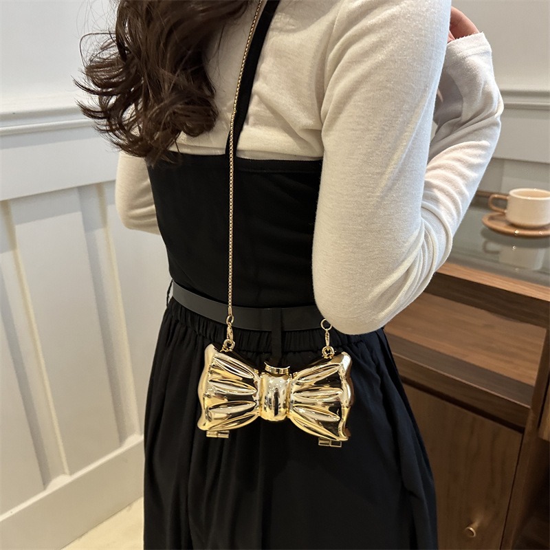 Glossy Gold Metal Bow Shaped M - Clutch Bag Evening 评论和价格